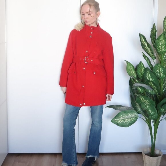 Michael Kors 100% Wool Red Coat With Stand-collar & Belt - Picture 10 of 13